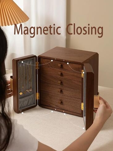 صندوق مجوهرات خشبي، خشب الجوز، مع 5 أدراج، منظم مجوهرات كبير السعة، خشب للنساء والفتيات، صندوق تخزين مجوهرات كلاسيكي، علبة مجوهرات عتيقة in Kuwait