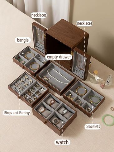 صندوق مجوهرات خشبي، خشب الجوز، مع 5 أدراج، منظم مجوهرات كبير السعة، خشب للنساء والفتيات، صندوق تخزين مجوهرات كلاسيكي، علبة مجوهرات عتيقة in Kuwait
