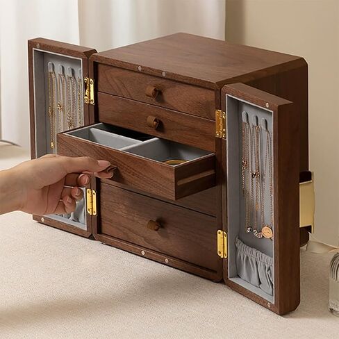 صندوق مجوهرات خشبي، خشب الجوز، مع 5 أدراج، منظم مجوهرات كبير السعة، خشب للنساء والفتيات، صندوق تخزين مجوهرات كلاسيكي، علبة مجوهرات عتيقة in Kuwait
