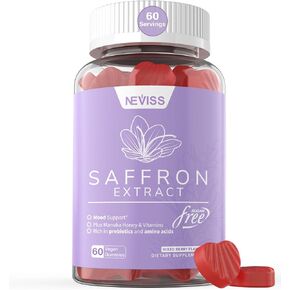 Saffron Gummies - Saffron Supplement Gummies 100% Pure Saffron Extract Whole Herb Gummies with Honey for Mood & Power, Vitamin B6, B12, D3, C - Sugar Free - Organic, Vegan, Mixed Berry Flavor - 60Cts