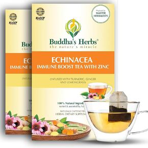 Buddha's Herbs Organic Echinacea Herbal Tea Supplement, Immune Support Supplement with Zinc, Turmeric, Ginger & Lemongrass (2 Pack, 44 Tea Bags)