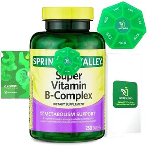 Super Vitamin B-Complex Tablets 250 + Spring Super Vitamin B-Complex Tablets Dietary Supplementt Bundle Exclusive Better Ligth&Spring Guide + Weekly Pill Organize (3 Items)