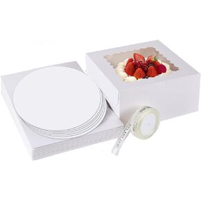 6 Sets 10x10x5 Inches Cake Boxes with Window,6pcs Cake Box and 6pcs 10 Inch Round Cake Board, Ribbon, Disposable Large Cake Container, White Bakery Boxes (6, 10 * 10 * 5 in)