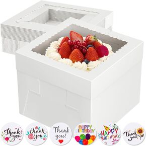 15 Pcs Cake Boxes 10 Inch, 10x10x8 Inch Cake Box, Cake Boxes with Window, Square Large Tall Cake Box, Cajas Para Pasteles, White Cheesecake Bakery Boxes, Cardboard Cake Baking Boxes with 180 Stickers