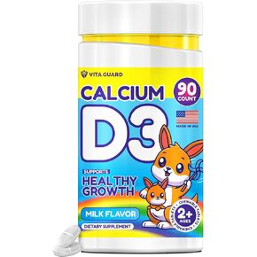 Calcium D3 Chewable Tablets for Kids – 640 mg Calcium & 320 IU Vitamin D3 – Non-GMO, Organic – Milk Flavor – Bone & Teeth Support Supplement – 90 Tablets for Ages 2+