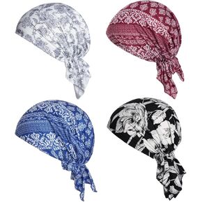 Sucrain 4pcs Pre-Tied Chemo Head Scarf Beanie Covers Cap Head Scarves Sleep Turban Hat Women Bandana with Stretch Print Ruffle