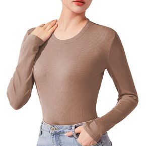 Ribbed Knit Long Sleeve Shirts for Women Slim Fitted Crewneck Tee Tshirts Casual Basic Tops Tight Undershirts