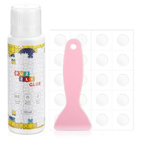 120ML Jigsaw Puzzle Glue with Sponge Head, Applictor Plastic Scraper Removable Adhesive Dots Easy to Use, Clear Quick Dry Craft Puzzle Glue, Non-Toxic Odorless.