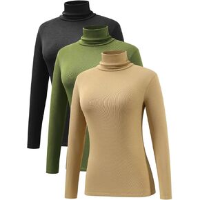Xelky Long Sleeve Turtleneck for Women Ribbed Pullover Mock Neck Shirt Casual Basic Lightweight Base Layer Sweater 3 Packs