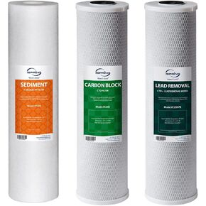 iSpring F3WGB32BM 4.5 بوصة × 20 بوصة مجموعة بديلة لمرشح المياه للمنزل بالكامل على ثلاث مراحل مع الرواسب، وكتلة الكربون CTO، وخراطيش تقليل الحديد والمنجنيز تناسب WGB32BM، أبيض (عبوة من 1)