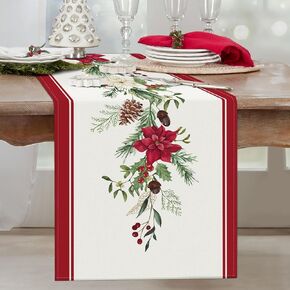 Bonhause Christmas Poinsettia Table Runner 13x72 Inch Red Floral Pine Branch Seasonal Winter Holiday Kitchen Dining Table Decoration for Indoor Outdoor Home Party Decor