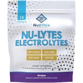 NuEthix Formulations NU-LYTES Electrolytes Hydration Packets, Zero Calories, Zero Sugar, Zero Carbs, Non-GMO, Electrolytes Powder Packets, Glycogen Replenishment, 15 Servings (Grape)