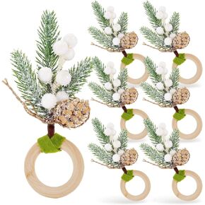 Whaline Christmas Napkin Rings Large White Berries Pine Cones Napkin Holder Rustic Farmhouse Napkin Holders for Xmas Wedding Dinner Party Table Setting Wall Hanging Decoration, 6Pcs