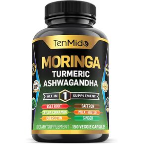Moringa Oleifera Supplement for Men and Women, 10in1 Formula with Turmeric, Ashwagandha, Ceylon Cinnamon, Beet Root, Saffron & More - Energy, Immune Support - Nutrient Rich - 150 Capsules