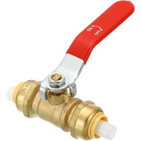 PATIKIL 1/4 Inch Push Brass Valve, Push-to-Connect Shut Off Valve with Operation Handle for PEX PVC PE Cooper, Brass Color Red