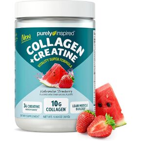 Purely Inspired Collagen and Creatine Powder, Watermelon Strawberry - 10g Collagen & 3g Creatine Builds Lean Muscle - Flavored Drink Mix with Key Electrolytes - Gluten-Free & Zero Sugar
