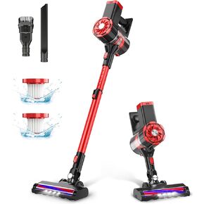 Cordless Vacuum Cleaner, Powerful Suction Stick Vacuum with 35min Long Runtime Detachable Battery, 6 in 1 Lightweight Quiet Vacuum Cleaner Perfect for Hardwood Floor & Carpet Pet Hair, W100 (Red)