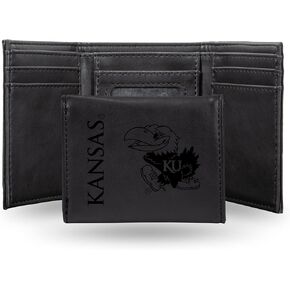 NCAA University of Kansas Jayhawks Men’s Tri Fold Black Wallet- Premium 10 Pocket Laser-Engraved Team Logo on Vegan Leather- Minimalist Design, Flip ID Window, Credit Card Holder- Ideal Men’s Gift