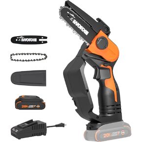 منشار كهربائي صغير لاسلكي Worx 20V 5 بوصة، 3.9 رطل، سرعة سلسلة 22 قدمًا/ثانية، بطارية مشاركة الطاقة، واقي علوي ويد WG324 - بطارية وشاحن متضمنان
