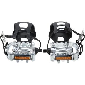 X AUTOHAUX 1 Pair Bicycle Pedals 1/2'' Spindle Platform with Toe Clips Fixed Foot Strap Cycling Parts Black Silver Tone