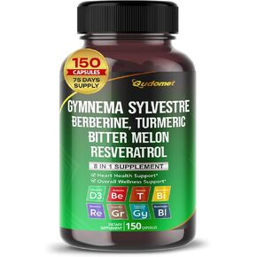 Gymnema sylvestre Berberine Turmeric Bitter Melon Resveratrol Green Tea Black Pepper -150 Capsules- Made in USA