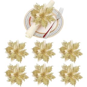 Emivery 6 Pieces Christmas Poinsettia Napkin Rings, Gold Flower Napkin Ring Holder Xmas Poinsettia Flower Napkin Rings for Christmas Wedding Banquet Dinner Party Table Decor
