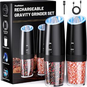 Rechargeable Gravity Electric Salt and Pepper Grinder Set with LED Light, Type-C Fast Charging, Adjustable Coarseness, Large Capacity Grinder for Kitchen, Restaurant & Outdoor, (2 Pack)