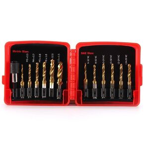 13PCS Combination Drill & Tap Bit Set, Titanium Coated SAE and Metric Tap Bits Kit with Quick Change Adapter for Screw Thread Drilling Tapping Deburring Countersinking