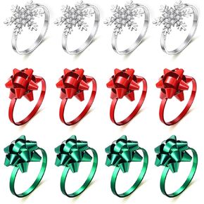 Boderier Christmas Napkin Rings Gift Bow Snowflake Napkin Holder for Party Dinner Table Decoration (Silver Red Green,12 Pack)