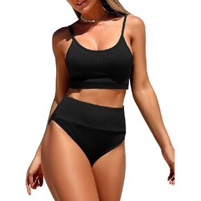 High Waisted Bikini Sets for Women Two Piece Tummy Control Cute Color Swimsuit with Knitted Stripes Bathing Suit