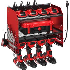 TLGREEN Power Tool Organizer Wall Mount with Charging Station, 4 Drill Holder Built in 8 Outlet Power Strip, Tools and Battery Storage Rack, for Tool Room, Garage Organization, Workshop