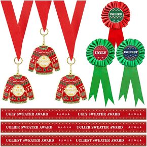 9 Pcs Christmas Ugly Sweater Medals Award Sweater Sash Award Ribbons Set Contest Medals Ugly Sweater Award Sash Small Badges Kit for Ugly Sweater Contest Christmas Tree