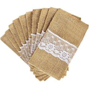Alnicov 20PCS Natural Burlap Lace Utensil Cutlery Holders Jute Napkin Bags，for Wedding Party Dinner Thanksgiving Banquet Tableware Decorations