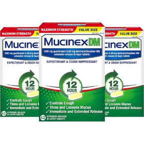 Cough Suppressant and Expectorant, Mucinex DM Maximum Strength 12 Hour Tablets, 42ct, 1200 mg Guaifenesin, Relieves Chest Congestion, Quiets Wet and Dry Cough (Pack of 3)