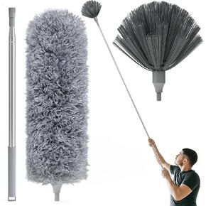 Cobweb Duster with Extension Pole, Spider Web Brush and Ceiling Fan Duster Kit for Cleaning, 98" Long Handle Microfiber Feather Duster Cleaner with Washable Head for High Ceiling, Furniture