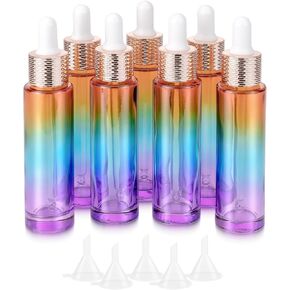 JIUWU 30ml Glass Dropper Bottle，1oz Rainbow Color Empty Bottle with 5 Funnels for Essential Oils, Perfume, Leakproof Travel Bottles， Pack of 7