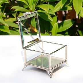 Rectangular Vintage Glass Jewelry Box with Hinged Lid,4.3x4.3x3.5Inches, Keepsake Box Storage for Rings,Trinket and More (Silver)