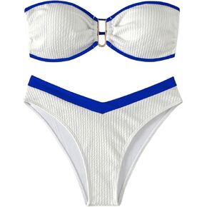 WDIRARA Women's 2 Piece Contrast Binding Cut Out Bandeau Bikini Set Ring Linked High Cut Swimwear Sets
