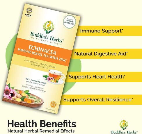 Buddha's Herbs Organic Echinacea Herbal Tea Supplement, Immune Support Supplement with Zinc, Turmeric, Ginger & Lemongrass (2 Pack, 44 Tea Bags) in Saudi Arabia