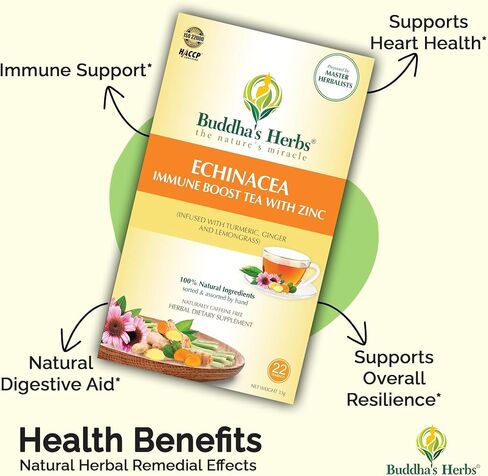 Buddha's Herbs Organic Echinacea Herbal Tea Supplement, Immune Support Supplement with Zinc, Turmeric, Ginger & Lemongrass (2 Pack, 44 Tea Bags) in Saudi Arabia