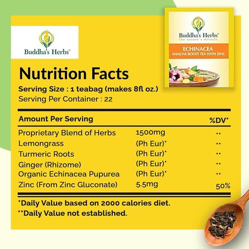 Buddha's Herbs Organic Echinacea Herbal Tea Supplement, Immune Support Supplement with Zinc, Turmeric, Ginger & Lemongrass (2 Pack, 44 Tea Bags) in Saudi Arabia