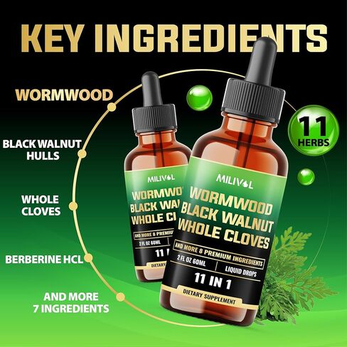 11in1 Wormwood Liquid Drops - Black Walnut Wormwood Liquid Extract with Black Walnut Hull, Whole Cloves and 8 More Herbs - 60 Days - 2 Fl Oz in Kuwait