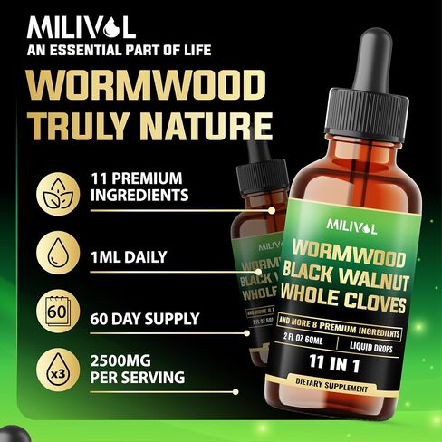 11in1 Wormwood Liquid Drops - Black Walnut Wormwood Liquid Extract with Black Walnut Hull, Whole Cloves and 8 More Herbs - 60 Days - 2 Fl Oz in Kuwait