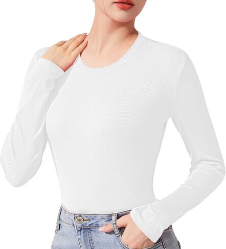 قمصان مضلعة متماسكة طويلة الأكمام للنساء سليم المجهزة Crewneck تي شيرت بلايز عادية الأساسية بلايز ضيق الملابس الداخلية in Saudi Arabia