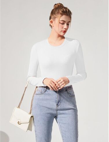 قمصان مضلعة متماسكة طويلة الأكمام للنساء سليم المجهزة Crewneck تي شيرت بلايز عادية الأساسية بلايز ضيق الملابس الداخلية in Saudi Arabia