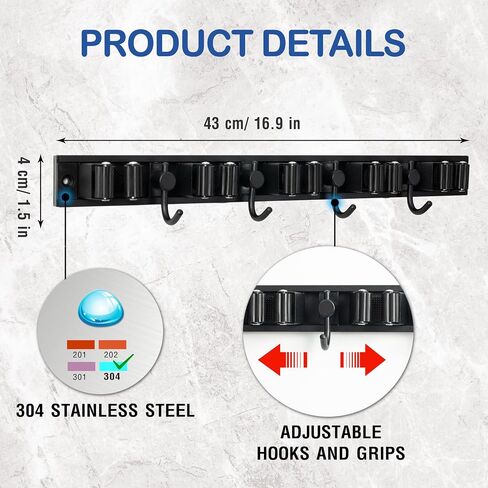 Mop and Broom Holder Wall Mount - Broom organizer wall mount - Mop Holder Wall Mount - Broom Hanger - 9.8 Oz, Stainless Steel - 2 Installation Ways, Maximum Load 20kg, Adjustable 5 Racks and 4 Hooks in Saudi Arabia