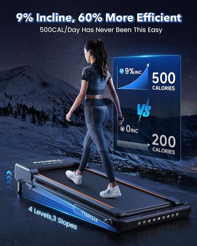 Walking Pad Treadmill with Auto Incline, 300LBS Weight Capacity Under Desk Treadmill for Home/Office, 9% Incline Treadmill with 3 Slopes in Saudi Arabia