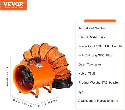 VEVOR 16 Inch Utility Blower Fan, 2 Speed 5175 CFM Heavy Duty Cylinder Axial Exhaust Fan with 16.4ft Duct Hose, Industrial Portable Confined Space Ventilator for basements, warehouse, Workshop in Kuwait