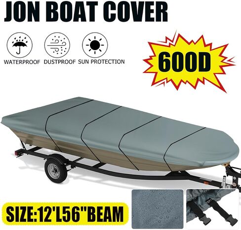 Jon Boat Cover,12ft 600D Heavy Duty Trailerable Jon Boat Cover,Waterproof Sun Protection Jon Boat Cover with Strap System,Fits 12ft Jon Boat Beam Width up to 56 inch,Grey in Saudi Arabia