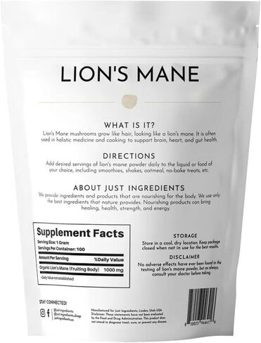 JUST INGREDIENTS Organic Lion’s Mane Powder | 100 Servings | 100% Organic & Vegan Supplement | Supports Digestive Health, Cognitive Function & Rich in Antioxidants | No Artificial Additives in Saudi Arabia